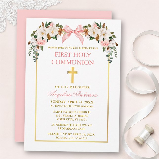 Watercolor Magnolias Roses Pink Bow Gold Communion Einladung (Customize to change text size, text style or color of back or card.)