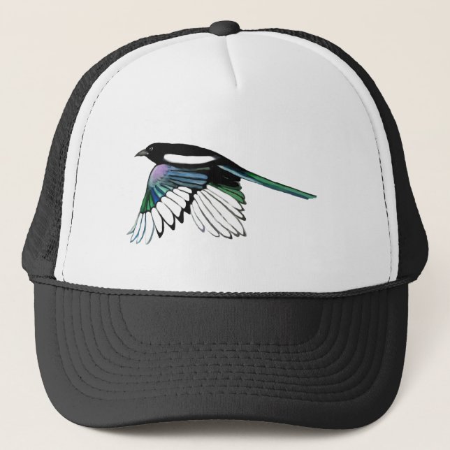 Watercolor Magpie Bird - Individuelle Name Truckerkappe (Vorderseite)