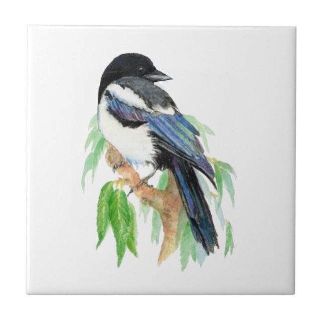 Watercolor Magpie Bird & Willow Tree Fliese (Vorderseite)