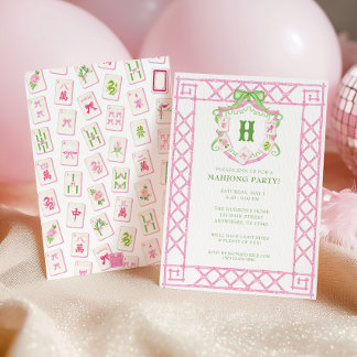 Watercolor Mahjong Monogram Crest Bamboo Party Einladung