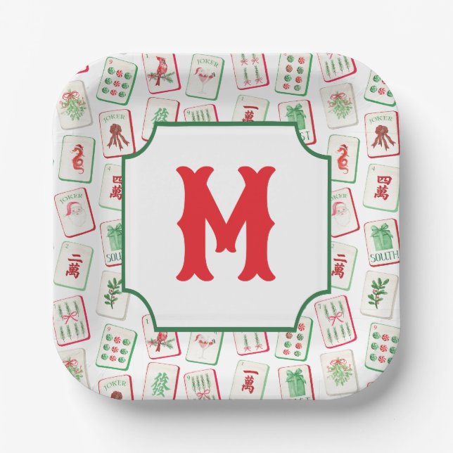 Watercolor Mahjong Red & Green Christmas  Monogram Pappteller (Vorderseite)