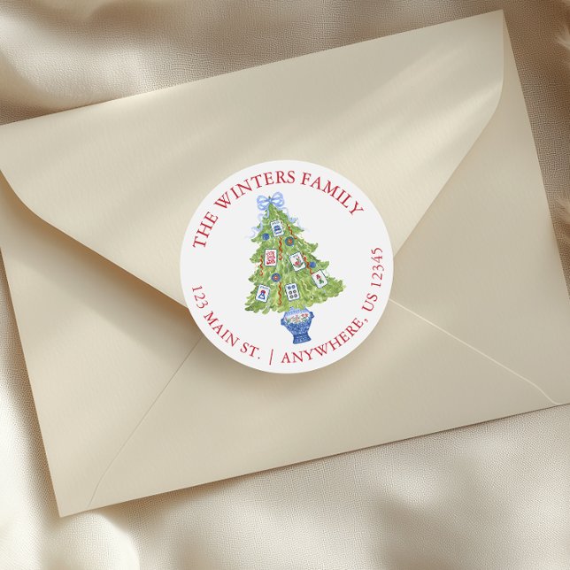 Watercolor Mahjong Weihnachtsbaumadresse Runder Aufkleber (Von Creator hochgeladen)