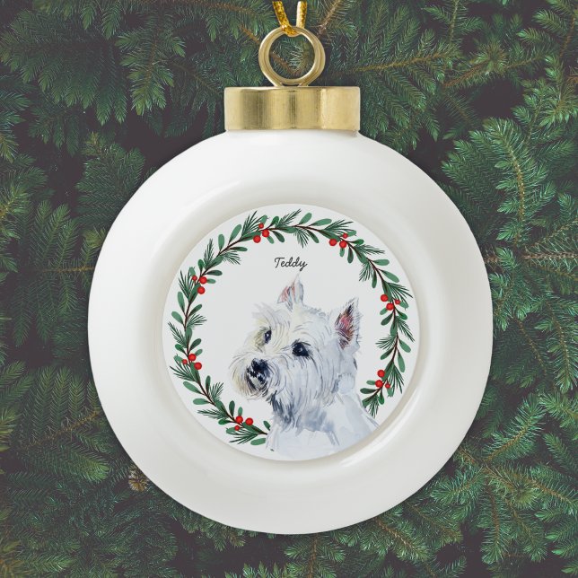 Watercolor Maltese Dog Holiday Wreath Keramik Kugel-Ornament (Add name, or other text, or delete sample text if not required.)