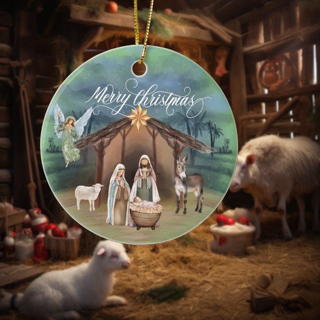 Watercolor Manager Krippe Weihnachtslandschaft Keramik Ornament (Von Creator hochgeladen)