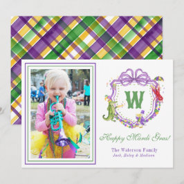 Watercolor Mardi Gras Animals Monogram Crest Photo Feiertagskarte