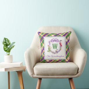 Watercolor Mardi Gras Karo-Tiere Monogrammwappen Kissen