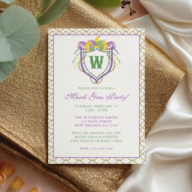 Watercolor Mardi Gras Monogram Crest Party Einladung (Von Creator hochgeladen)