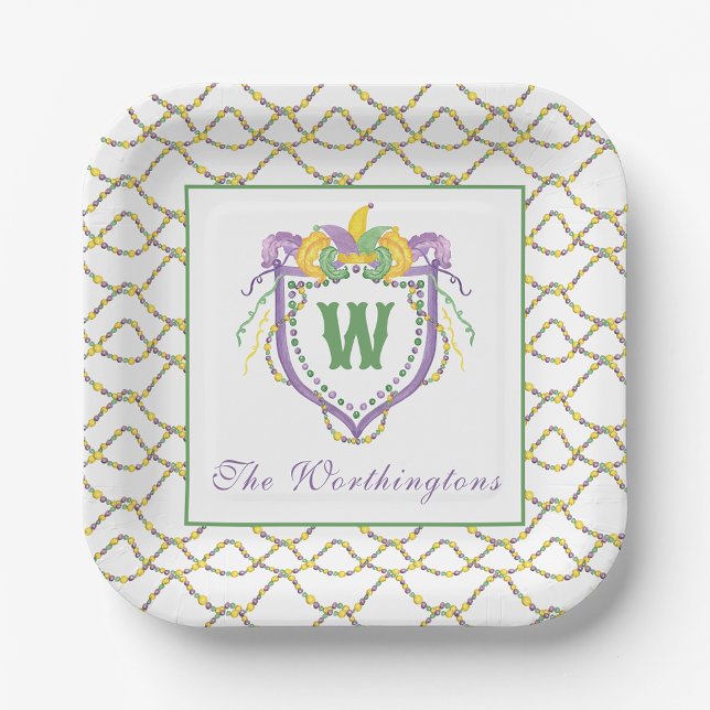 Watercolor Mardi Gras Monogrammwappen Pappteller (Von Creator hochgeladen)