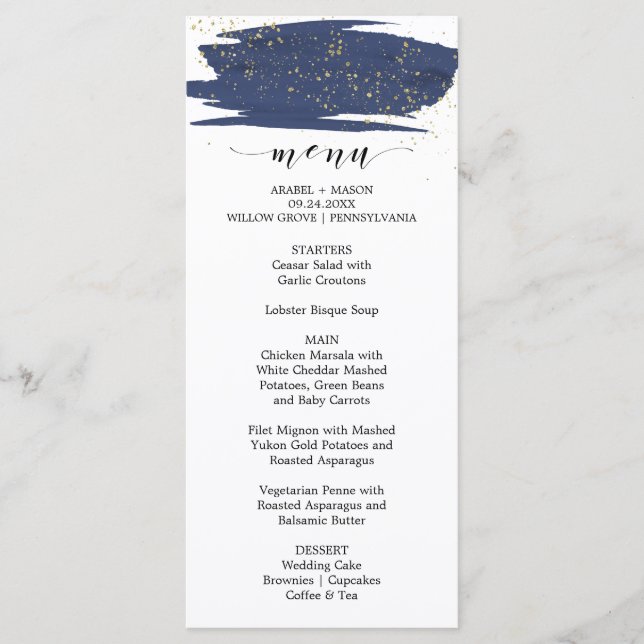 Watercolor Marine et Gold Sparkle Mariage Menu (Devant)