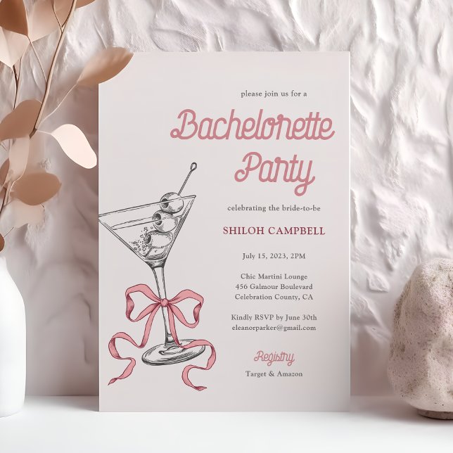 Watercolor Martini Pink Bow Bachelorette Einladung (Von Creator hochgeladen)