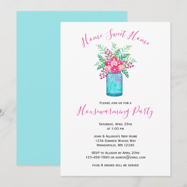 Watercolor Mason Jar Bouquet | Blumenwärmung Einladung (Vorne/Hinten)