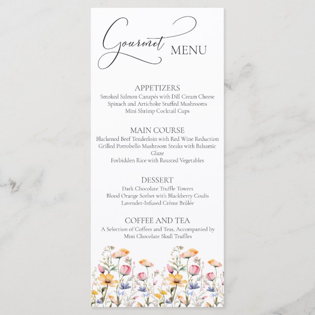 Watercolor Meadow Fleurs sauvages Mariage Menu Gou (Devant)