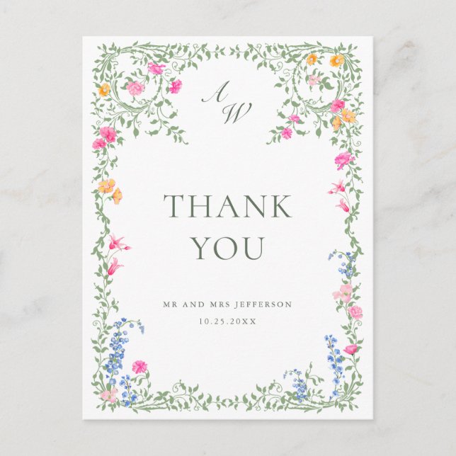 Watercolor Meadow Wildblume Boho Vielen Dank Postkarte (Vorderseite)