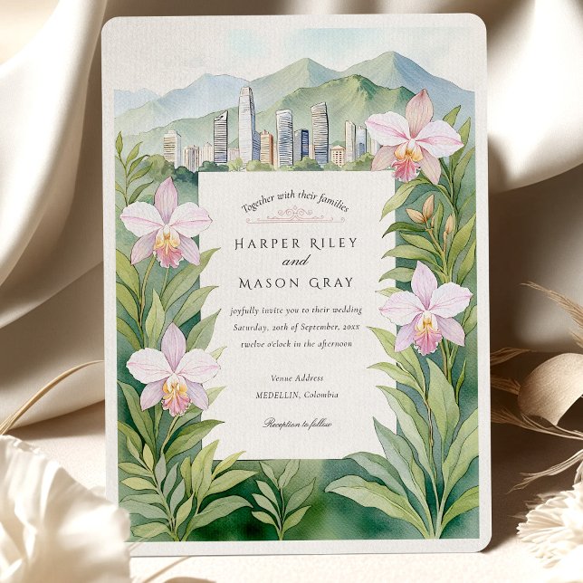 Watercolor Medellín Colombia Orchids Wedding Einladung (Von Creator hochgeladen)