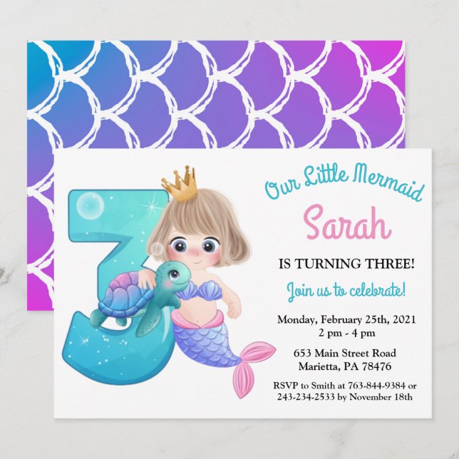 Watercolor Mermaid 3e anniversaire fête Invitation (Devant / Derrière)