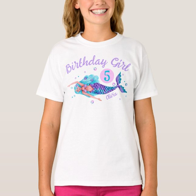 Watercolor Mermaid Birthday Girl T-Shirt (Vorderseite)