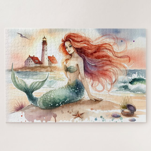 Watercolor Mermaid by Lighthouse Shore (Horizontal)