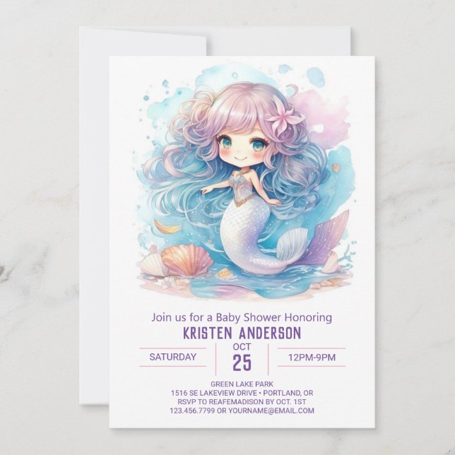 Watercolor Mermaid Fantasy Baby Dusche Einladung (Vorderseite)