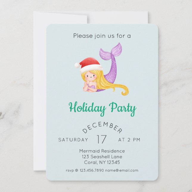 Watercolor Mermaid Holiday Party Einladung (Vorderseite)