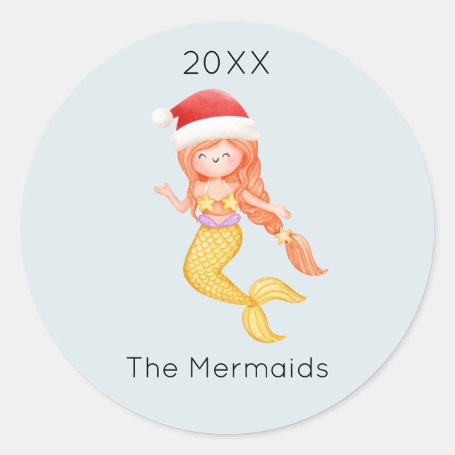Watercolor Mermaid Weihnachten Runder Aufkleber (Vorderseite)