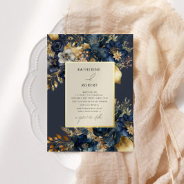 Watercolor Midnight Blue Gold Floral Wedding Folieneinladung
