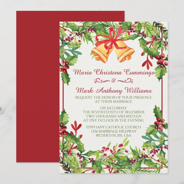Watercolor Mistletoe Holiday Wedding Einladung (Vorne/Hinten)