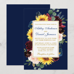 Watercolor Mixed Floral Frame Wedding Gold Blue Einladung
