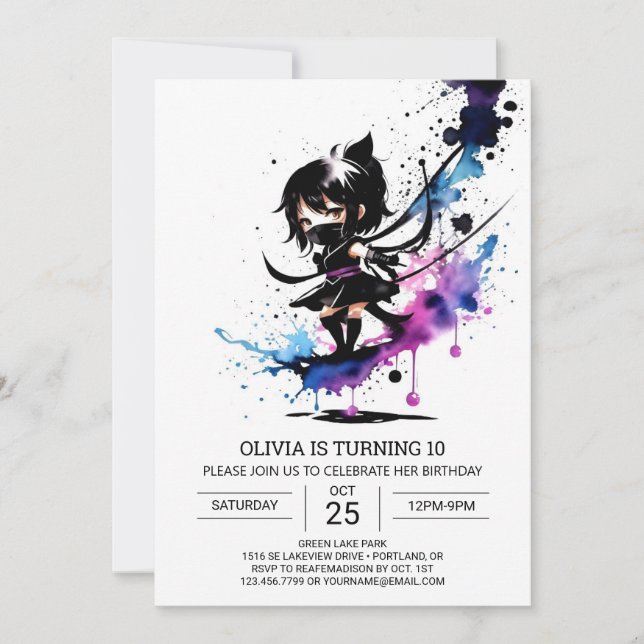 Watercolor Modern Ninja Girl Birthday Einladung (Vorderseite)