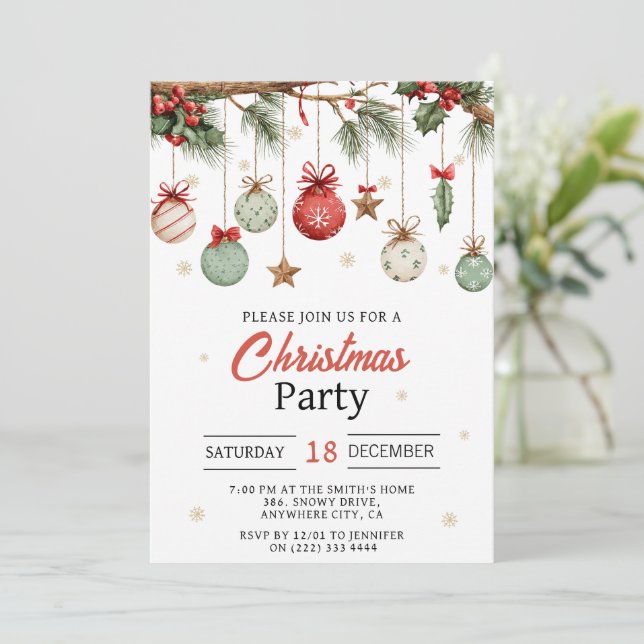 Watercolor Modern  Ornaments Christmas Party  Einladung (Stehend Vorderseite)