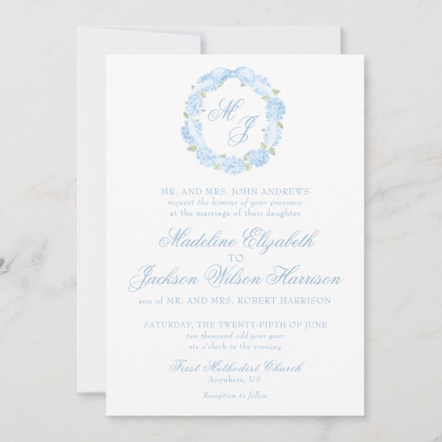 Watercolor Monogram Blue Hydrangea Wreath Wedding Einladung (Vorderseite)