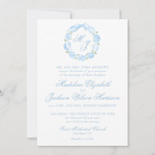 Watercolor Monogram Blue Hydrangea Wreath Wedding Einladung