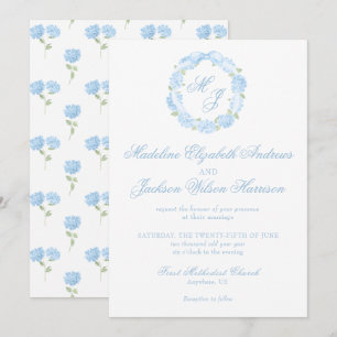 Watercolor Monogram Blue Hydrangea Wreath Wedding Einladung
