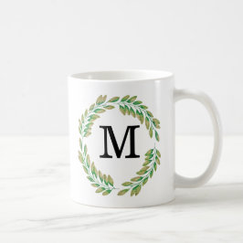 Watercolor Monogram Gold Green Blätter Wreath Kaffeetasse