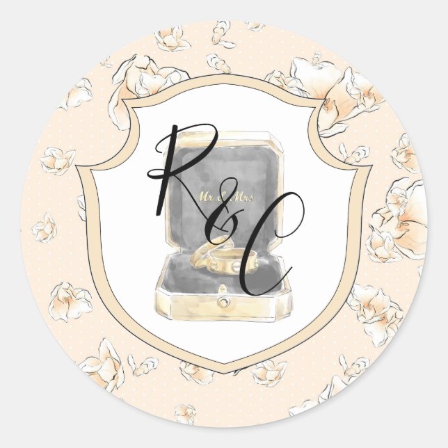 Watercolor Monogram Wedding Rings Magnolia Runder Aufkleber (Vorderseite)