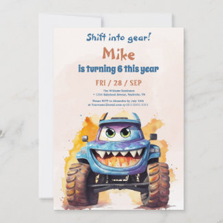 Watercolor Monster Truck Junge Geburtstag Einladung