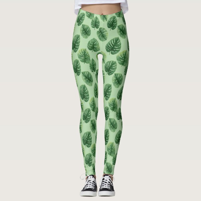 Watercolor Monstera Leaf Pattern Leggings (Vorderseite)