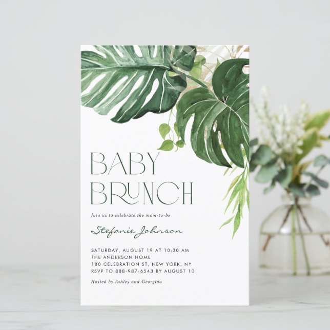 Watercolor Monstera Summer Baby Brunch Einladung (Stehend Vorderseite)