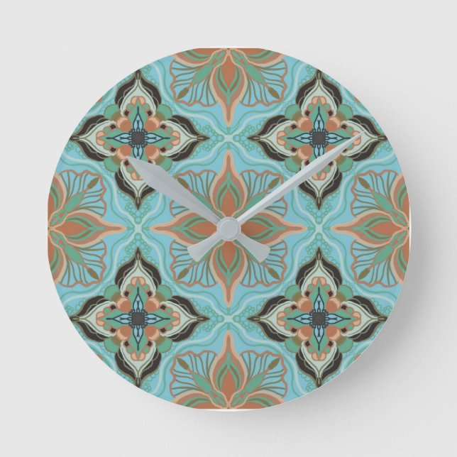 Watercolor Moroccan Blue Floral Tile  Runde Wanduhr (Vorderseite)