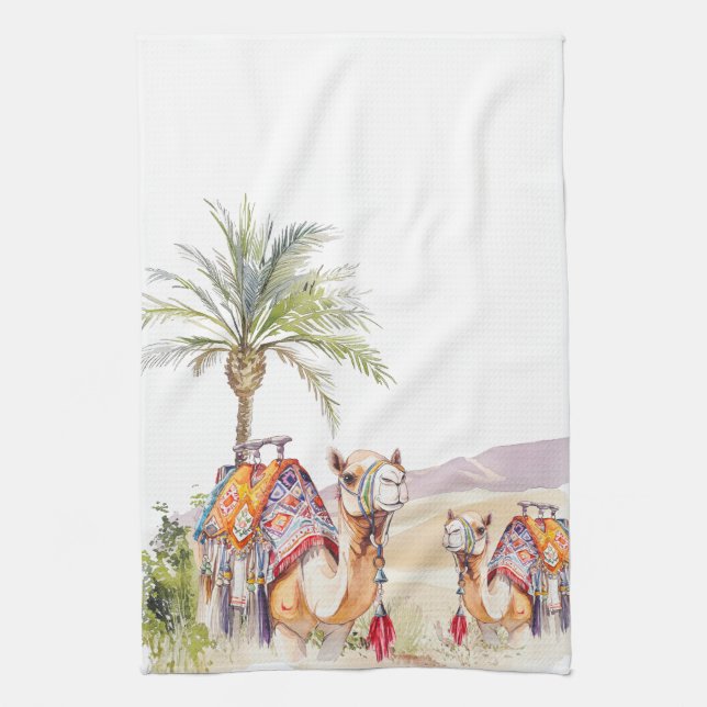 Watercolor Moroccan Camels Journey Kitchen Towels Geschirrtuch (Vertikal)