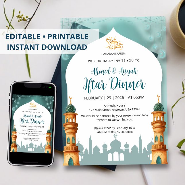 Watercolor Mosque Mint Teal & Gold Ramadan Iftar Einladung (Von Creator hochgeladen)