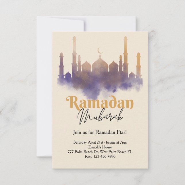 Watercolor Mosque Ramadan Iftar Invitation (Devant)