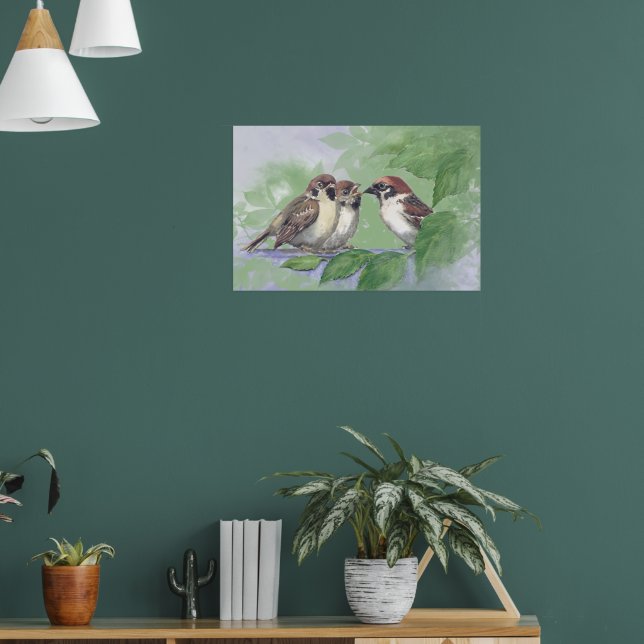 Watercolor Mother Sparrow Feeding Chicks Poster (Wohnzimmer 1)