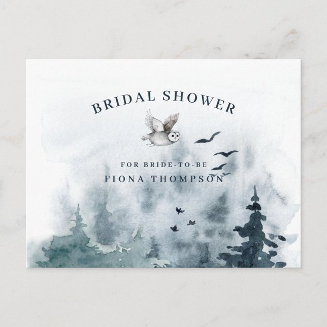 Watercolor Mountain Forest Owl Brautparty Einladungspostkarte (Vorderseite)