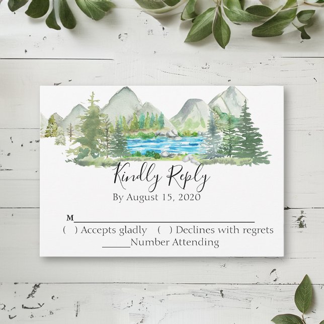 Watercolor Mountain Forest River Wedding RSVP (Créateur téléchargé)