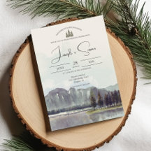 Watercolor Mountain Forest Trees Lake Wedding