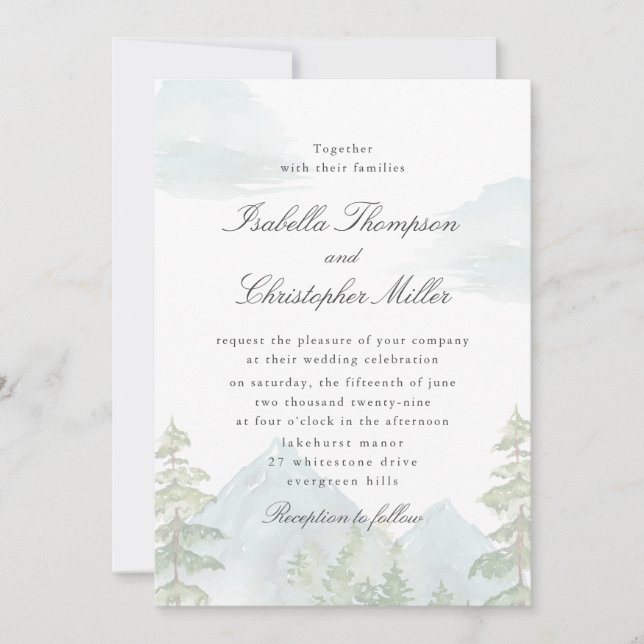 Watercolor Mountain Forest Wedding Invitation Einladung (Vorderseite)