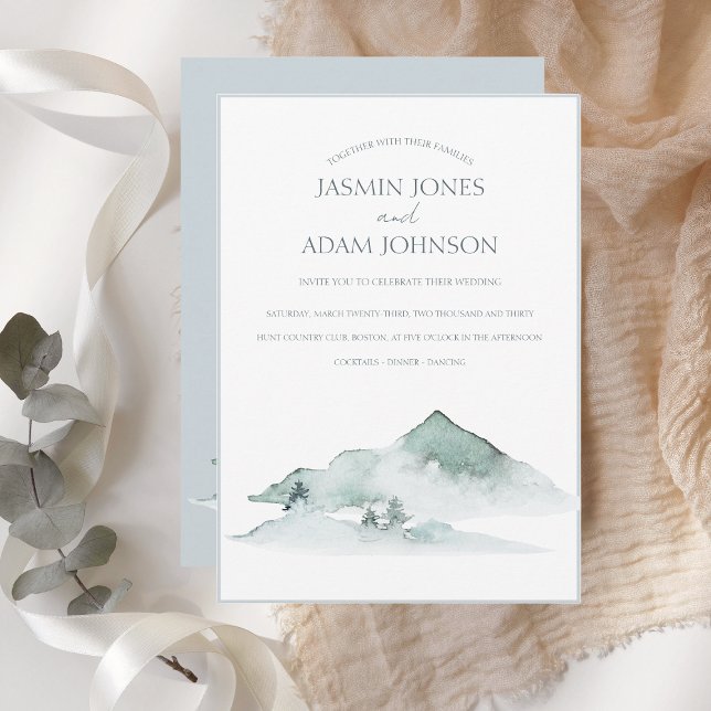 Watercolor Mountain Greenery Winter Wedding Einladung (Von Creator hochgeladen)