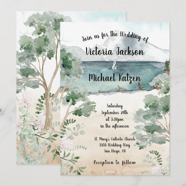 Watercolor Mountain lake Invitations de mariage (Devant / Derrière)