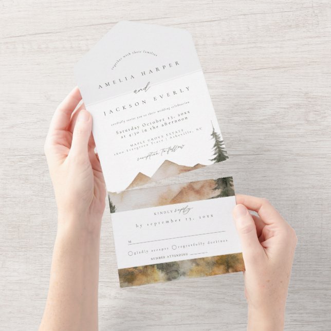 Watercolor Mountain Mariage tout en une invitation (Déchirure)