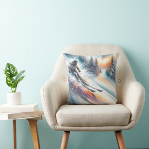 Watercolor Mountain Snow Skier Kissen